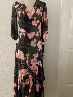 Bar III Olive Maxi Dress with Pink Floral Print